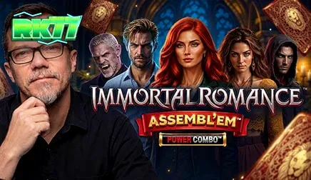 Tampilan visual mesin slot Immortal Romance ASSEMBL'EM dengan elemen kartu dan karakter yang dramatis